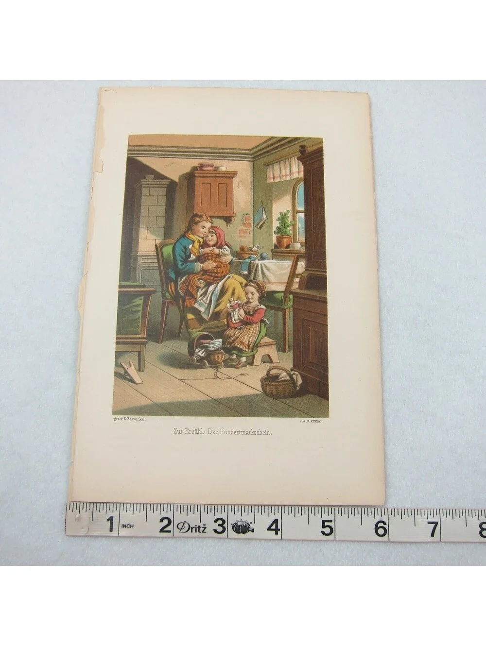 Antique Color Lithograph Print Mother Holds Baby Girl Plays Doll 1800s Art RARE